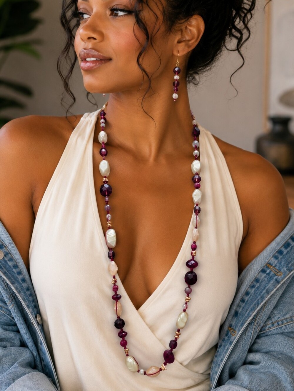 Chico's Long Multicolor Agate Beaded Statement Necklace & Earring Set